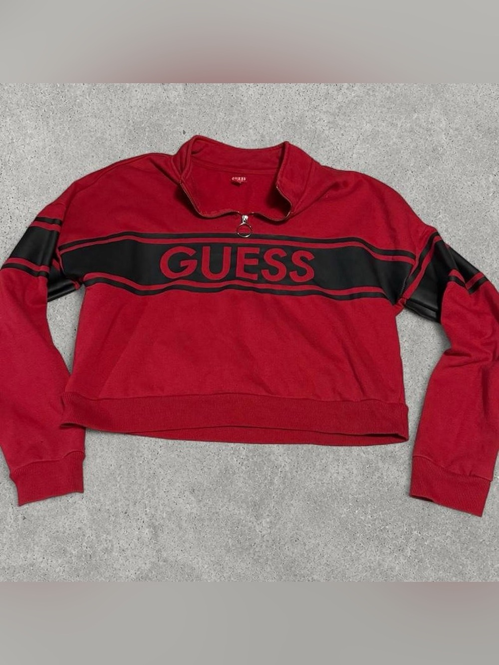 GUESS Red and Black Cropped Half-Zip Logo Sweatshirt